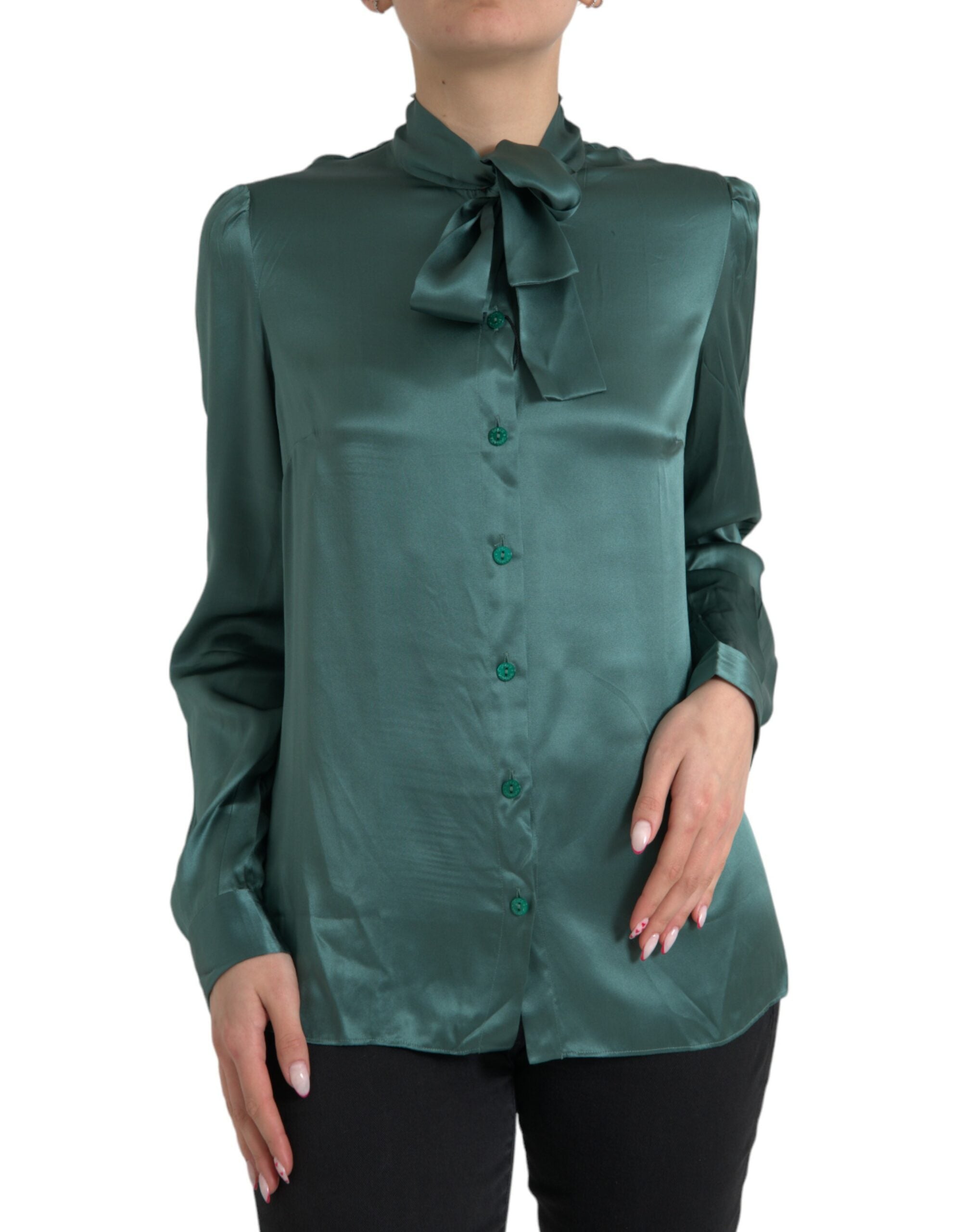 Dolce & Gabbana Dark Green Silk Ascot Collar Blouse Top