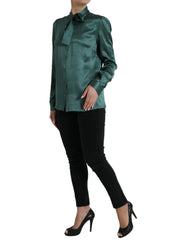 Dolce & Gabbana Dark Green Silk Ascot Collar Blouse Top