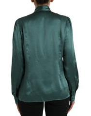 Dolce & Gabbana Dark Green Silk Ascot Collar Blouse Top
