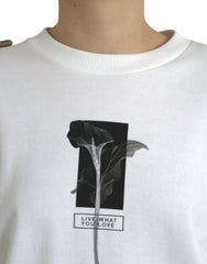 Dolce & Gabbana White Floral Cotton Crew Neck Pullover Sweater