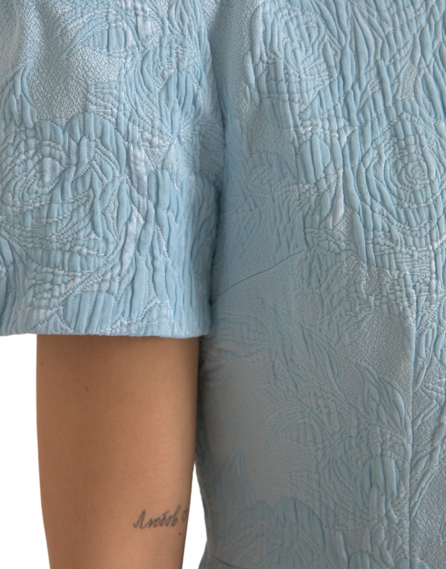 Dolce &amp; Gabbana Ljusblå Blommig Jacquard Puffärmad Miniklänning