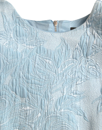 Dolce &amp; Gabbana Ljusblå Blommig Jacquard Puffärmad Miniklänning