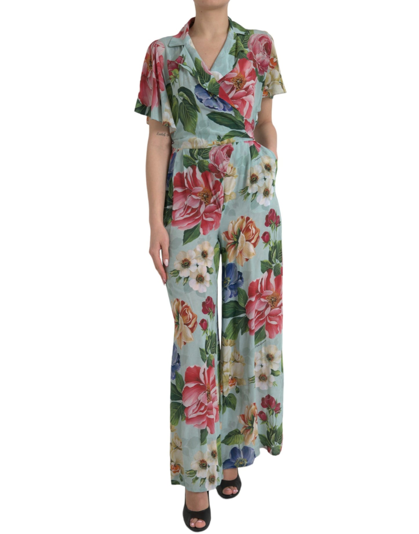 Dolce &amp; Gabbana Blå Blommig Jumpsuit med Vida Ben