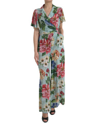 Dolce & Gabbana Blue Floral Wide Leg Wrap Jumpsuit Dress