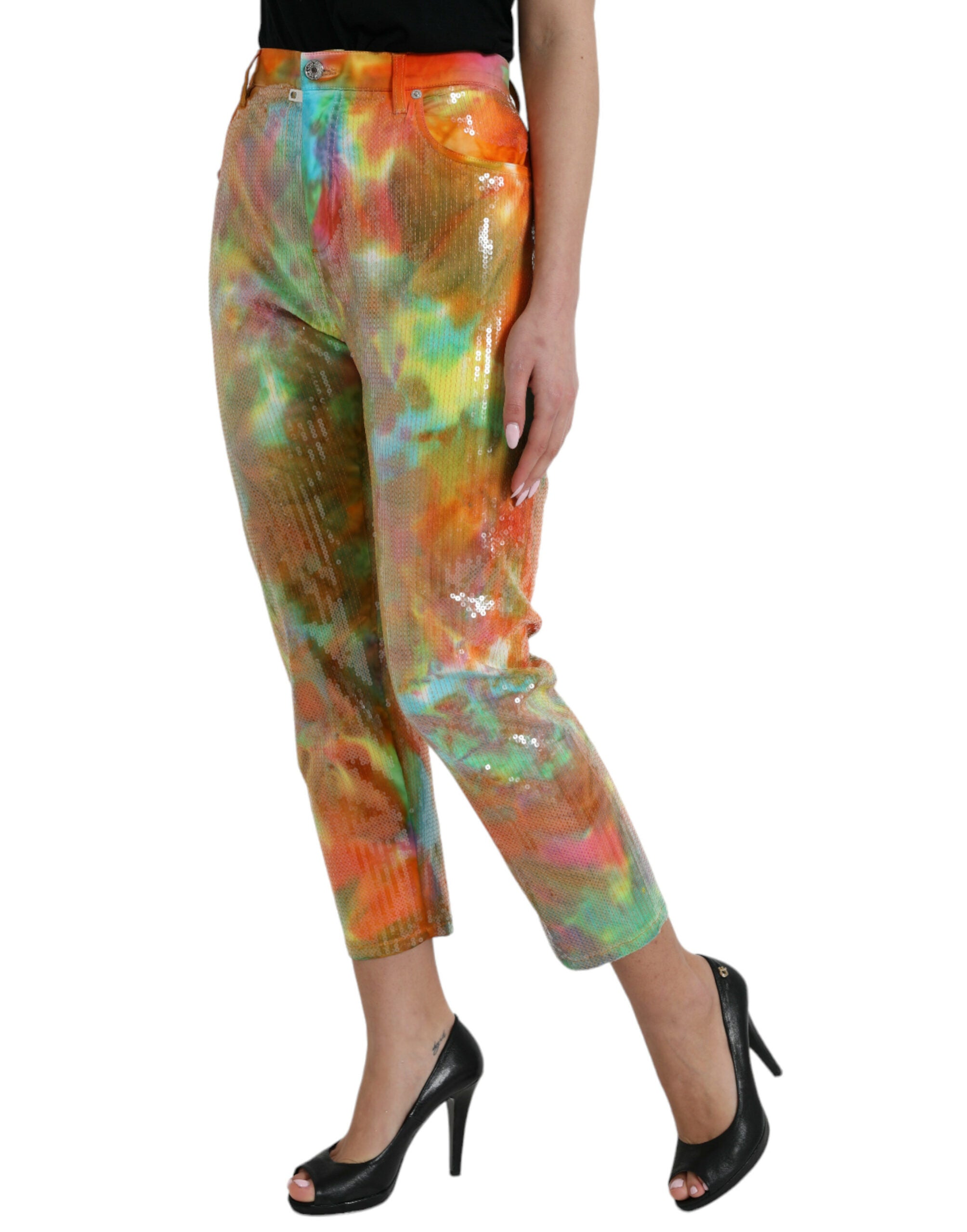 Flerfärgade tie dye paljettprydda högmidjade croppade byxor