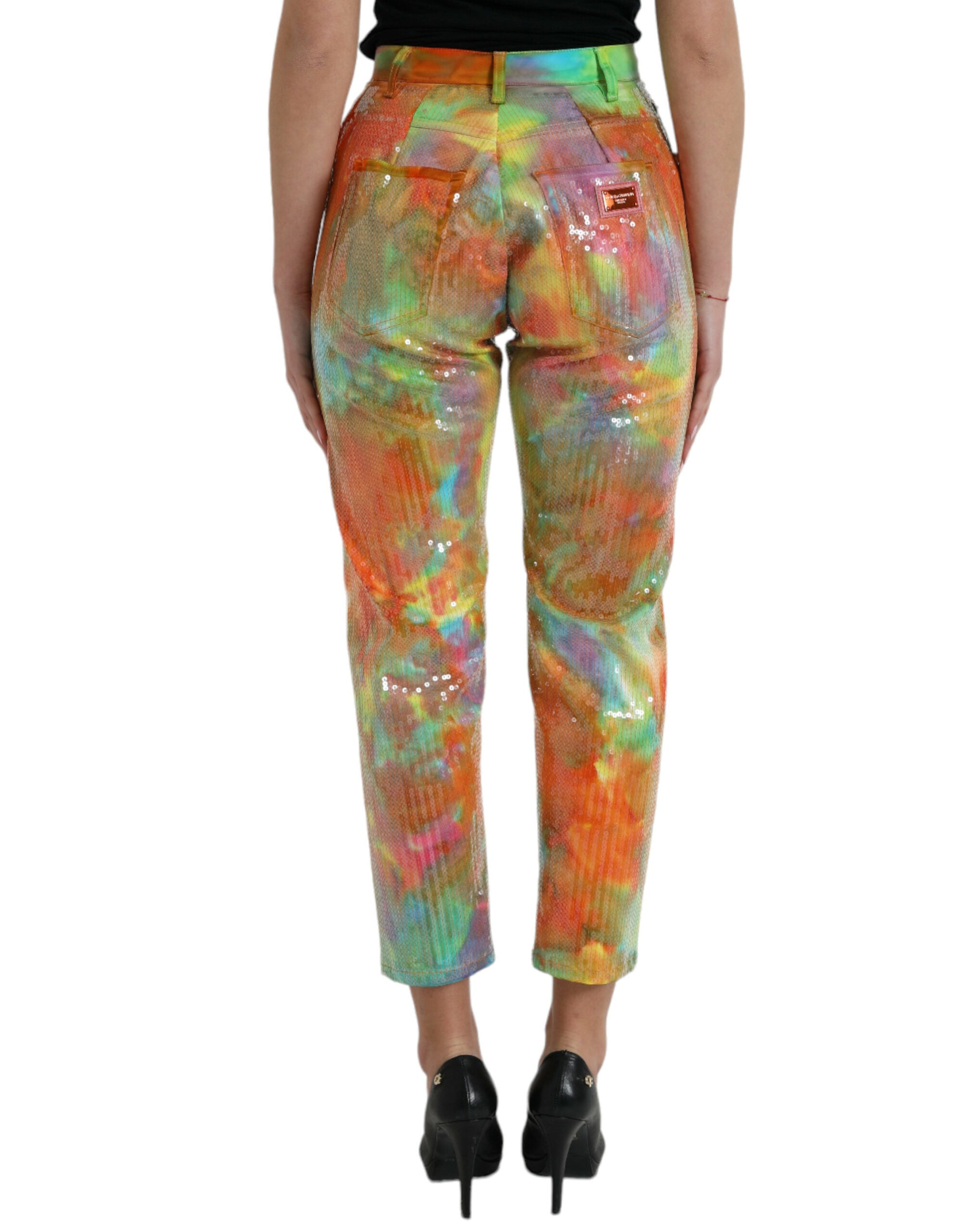Flerfärgade tie dye paljettprydda högmidjade croppade byxor