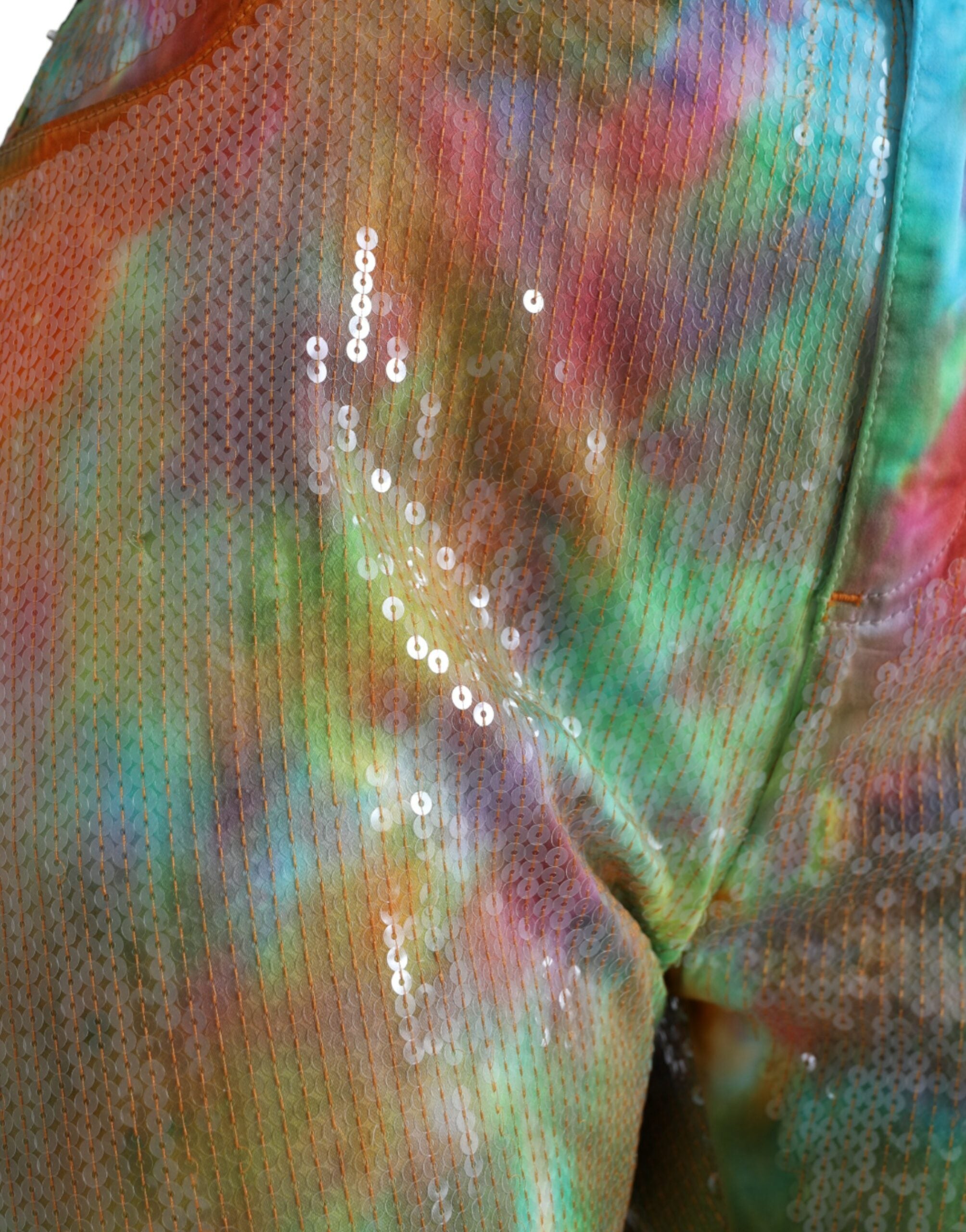 Flerfärgade tie dye paljettprydda högmidjade croppade byxor