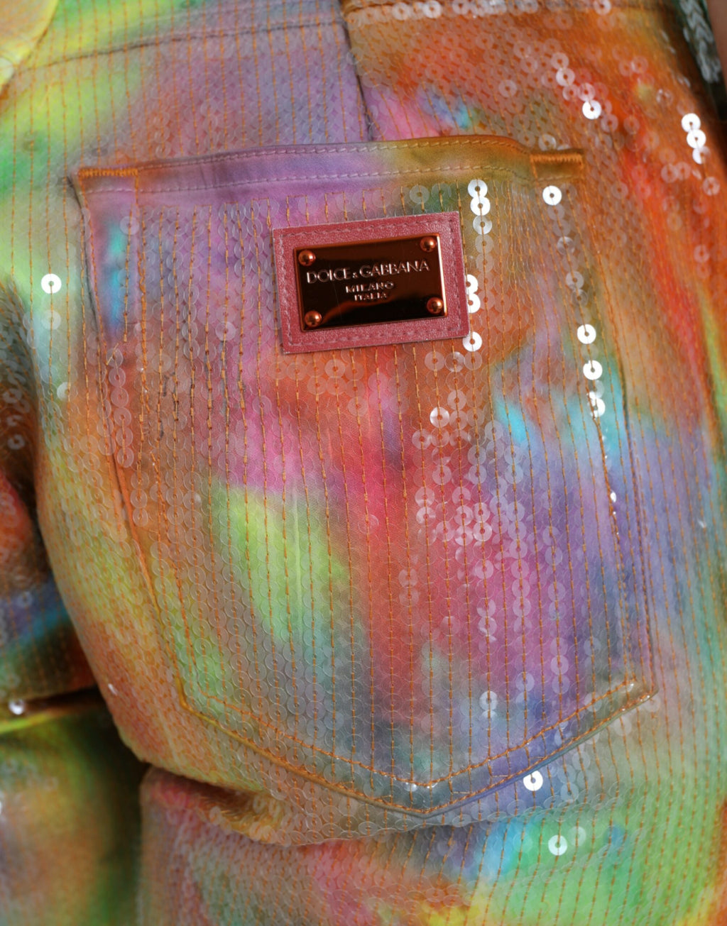 Flerfärgade tie dye paljettprydda högmidjade croppade byxor