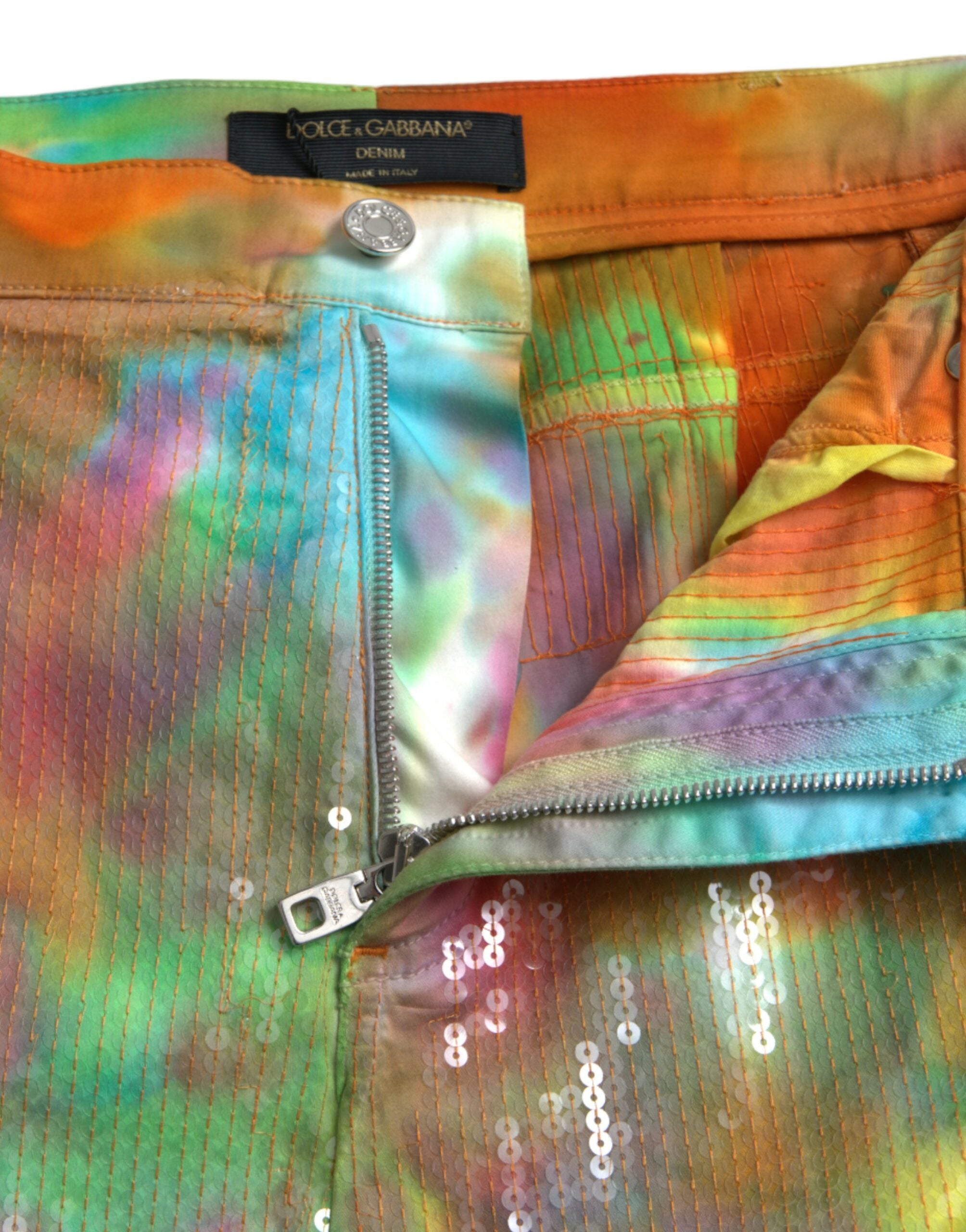 Flerfärgade tie dye paljettprydda högmidjade croppade byxor