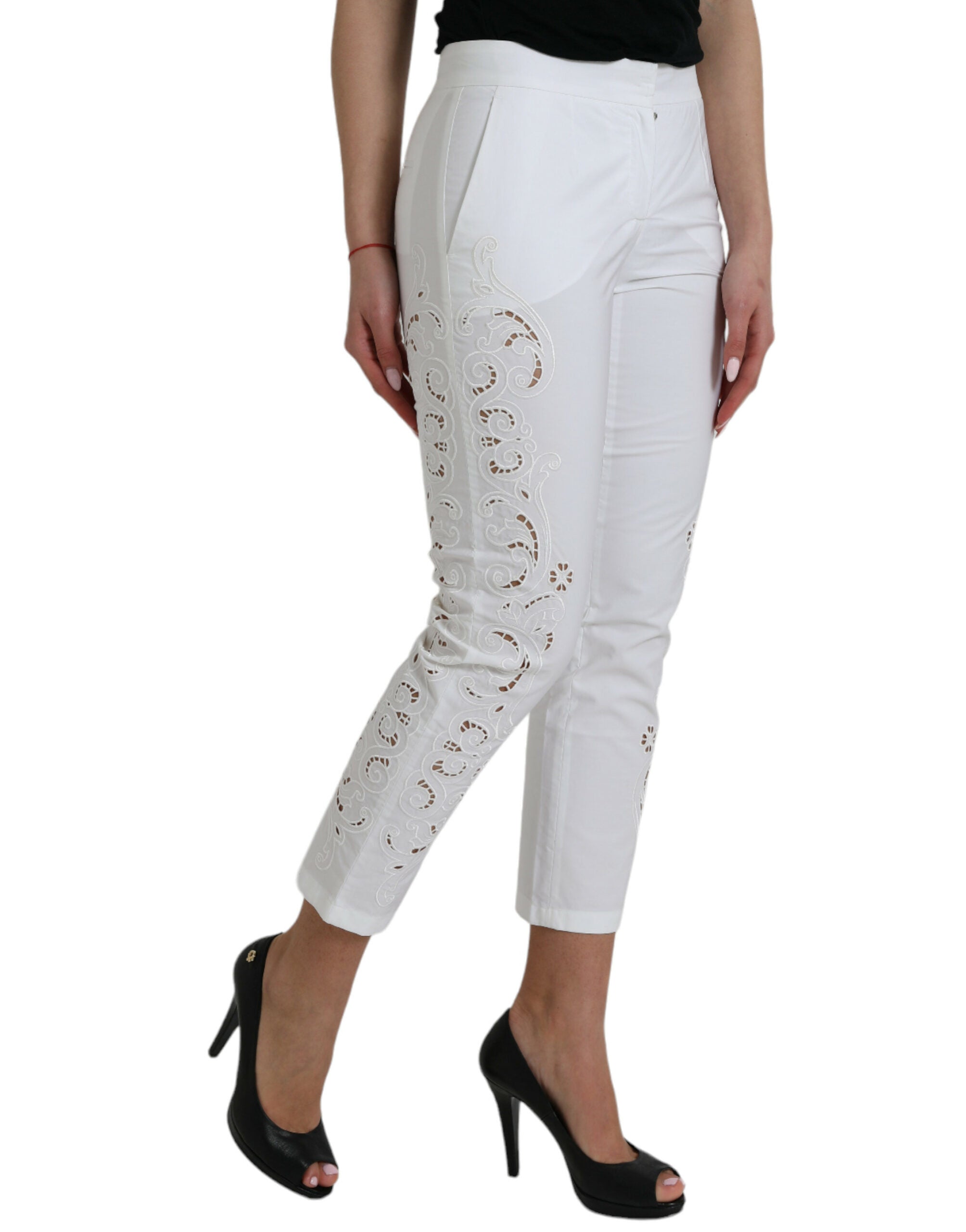 Dolce & Gabbana White Cut Out Cotton Mid Waist Cropped Pants