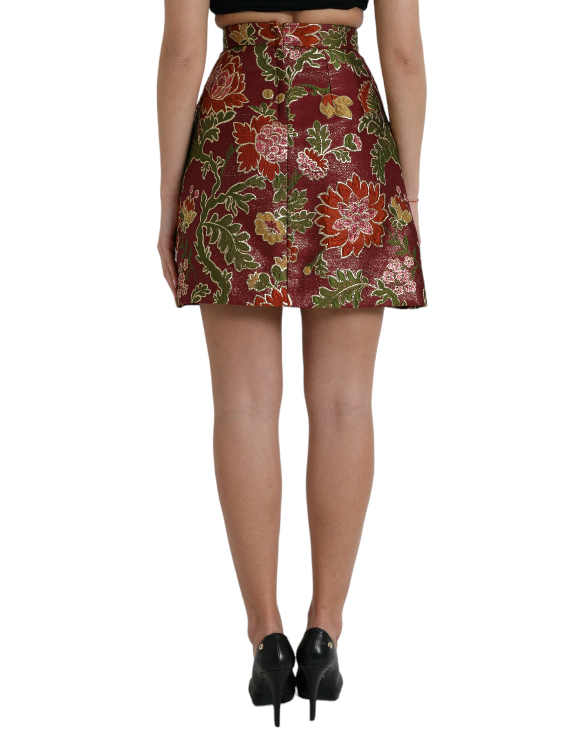 Rödbrun blommig jacquard A-linjeformad minikjol