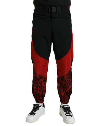 Dolce &amp; Gabbana Svarta Röda Leopardmönstrade Nylon Joggingbyxor
