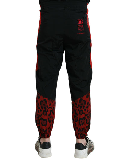Dolce &amp; Gabbana Svarta Röda Leopardmönstrade Nylon Joggingbyxor