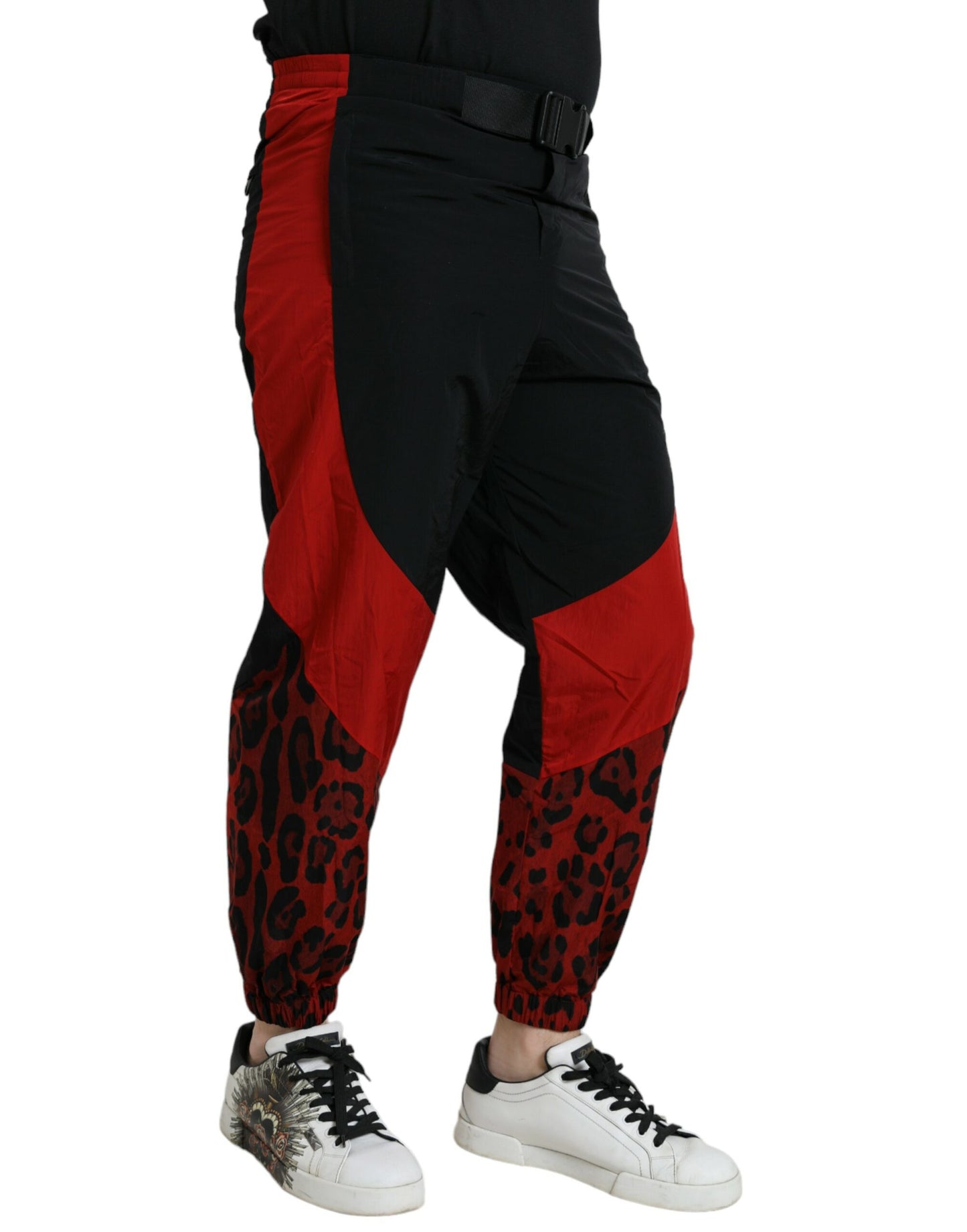 Dolce &amp; Gabbana Svarta Röda Leopardmönstrade Nylon Joggingbyxor