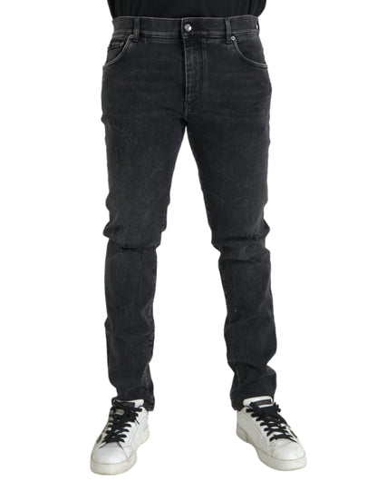 Dolce &amp; Gabbana Grå Bomullsstretch Skinny Denim Jeans Med Logotyp