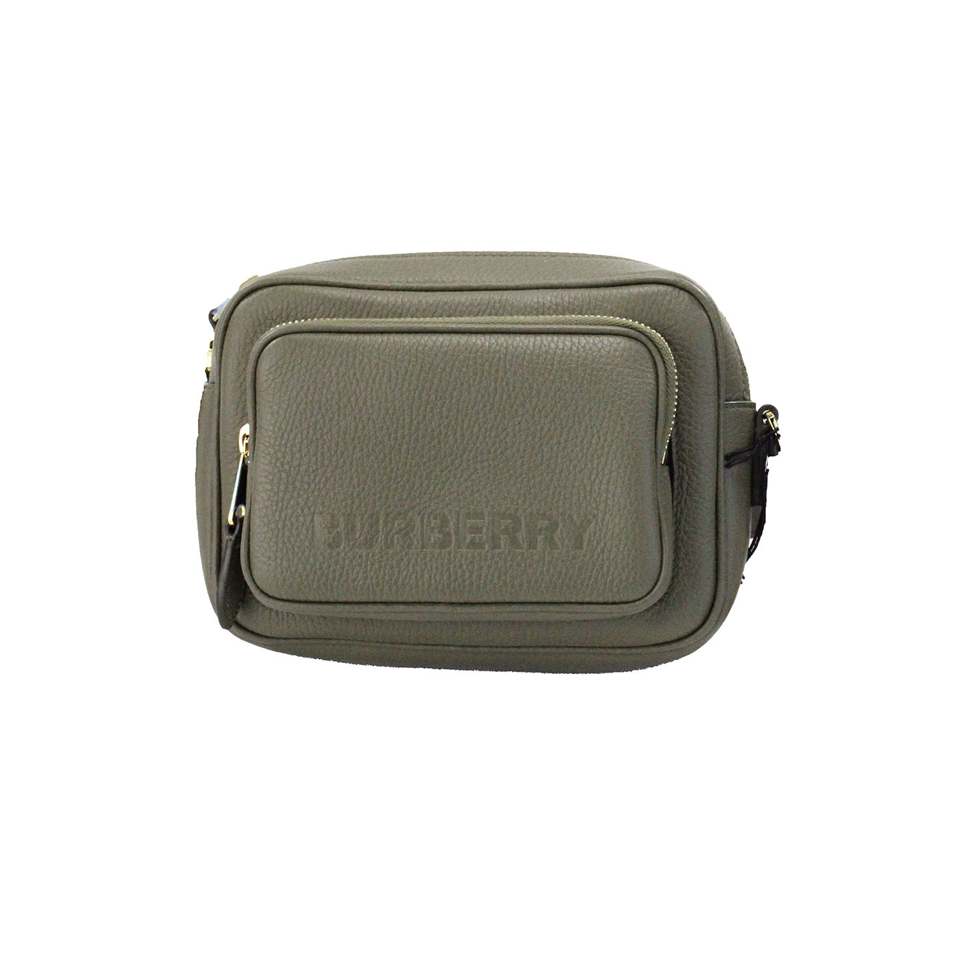 Liten, mørk, bregnegrønn, kornete skinnveske med merkevarelogo og crossbody-design