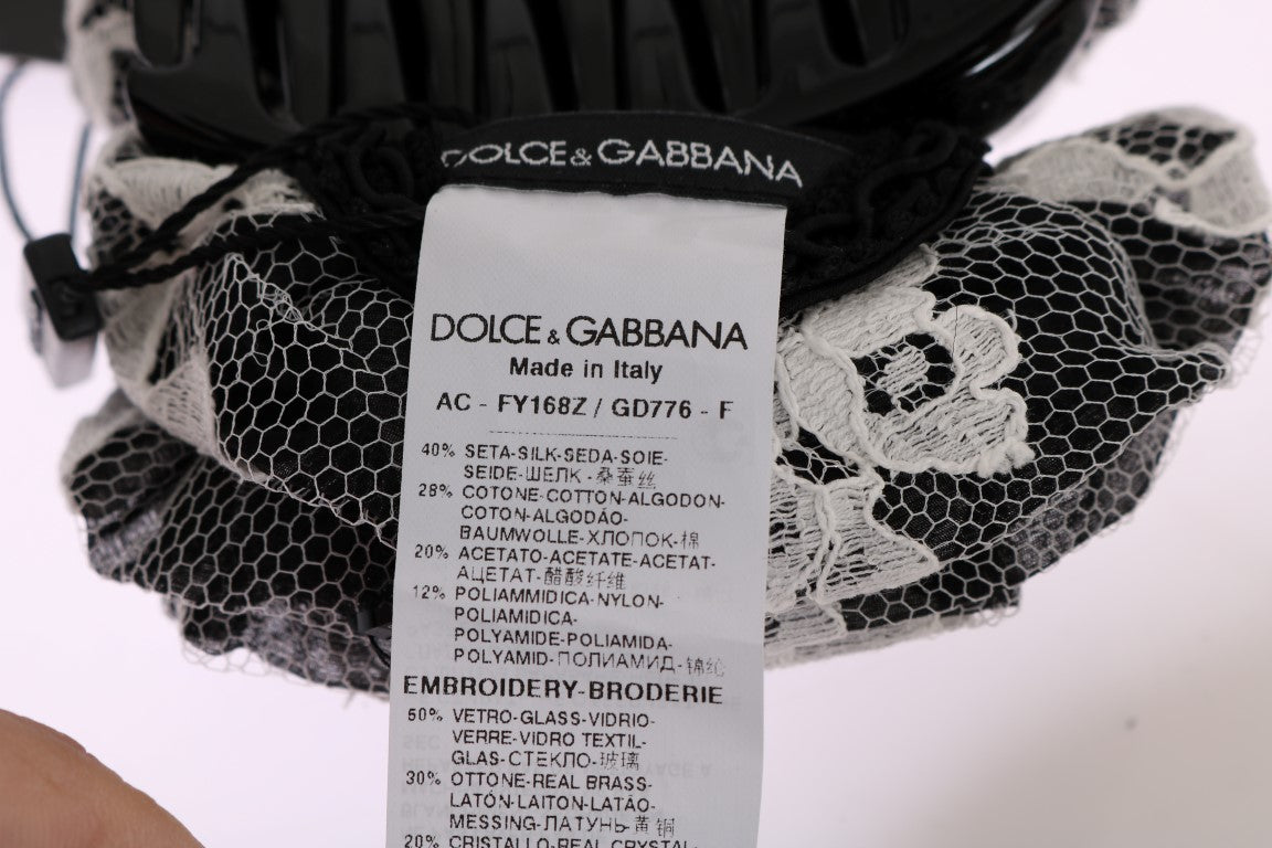 Dolce &amp; Gabbana Svartvit Blommig Spets Kristall Hårklo