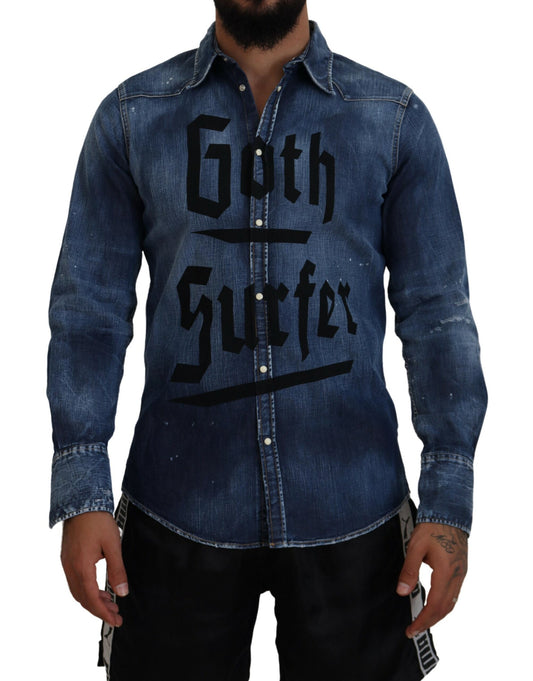 Dsquared² Blå Tvättad Goth Surfer Print Herrjeansskjorta