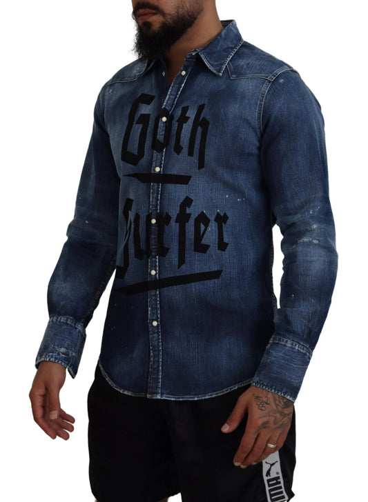Dsquared² Blå Tvättad Goth Surfer Print Herrjeansskjorta