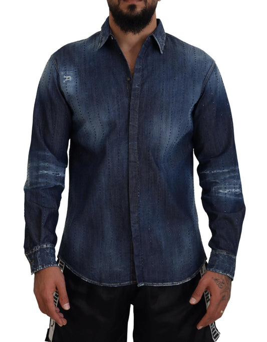 Dsquared² Blå Denimskjorta med Kristaller