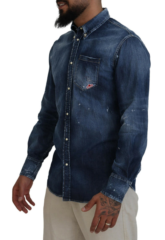 Dsquared² Blå Tvättad Krage Herr Casual Långärmad Skjorta