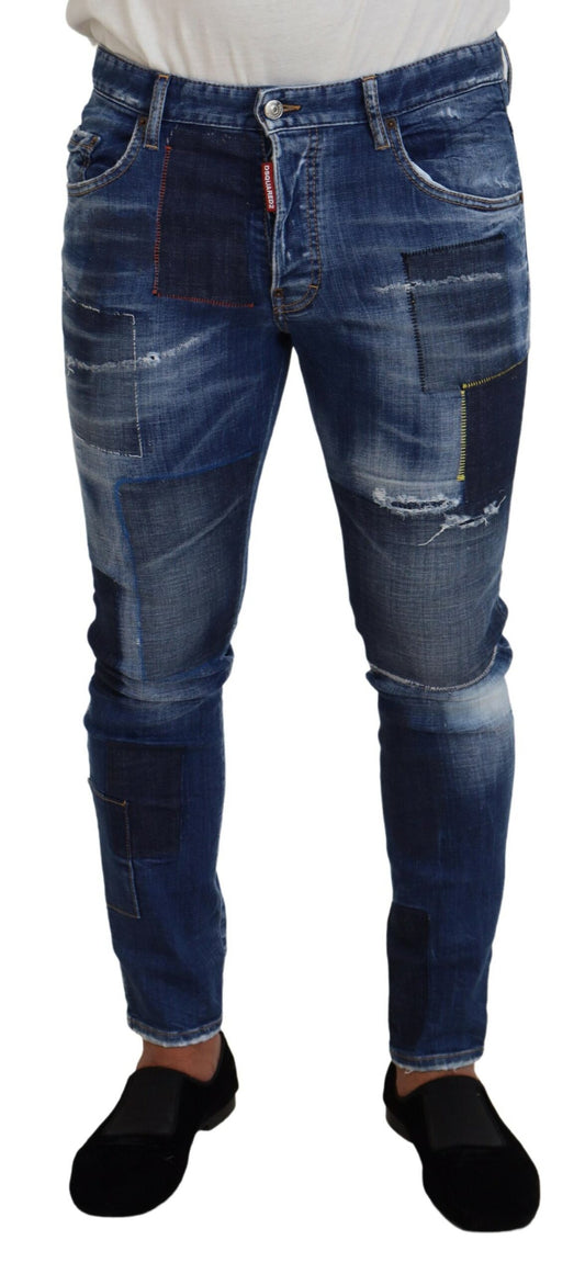 Dsquared² Blå Tvättade Patchwork Skinny Herrjeans
