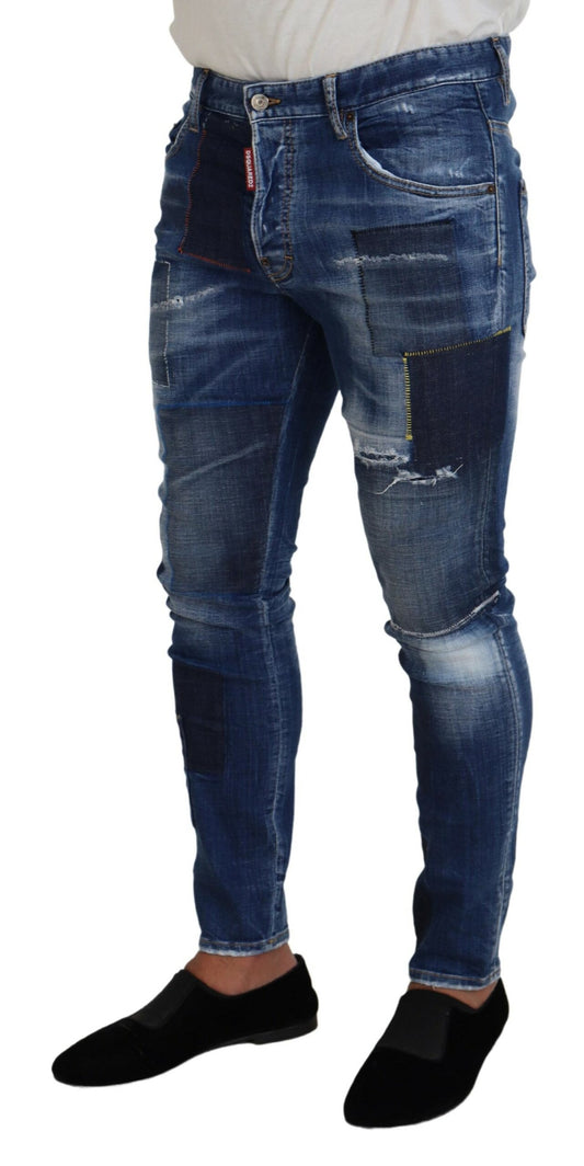 Dsquared² Blå Tvättade Patchwork Skinny Herrjeans