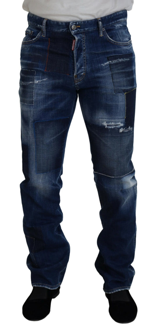 Dsquared² Blå Tvättade Patchwork Rak Passform Jeans