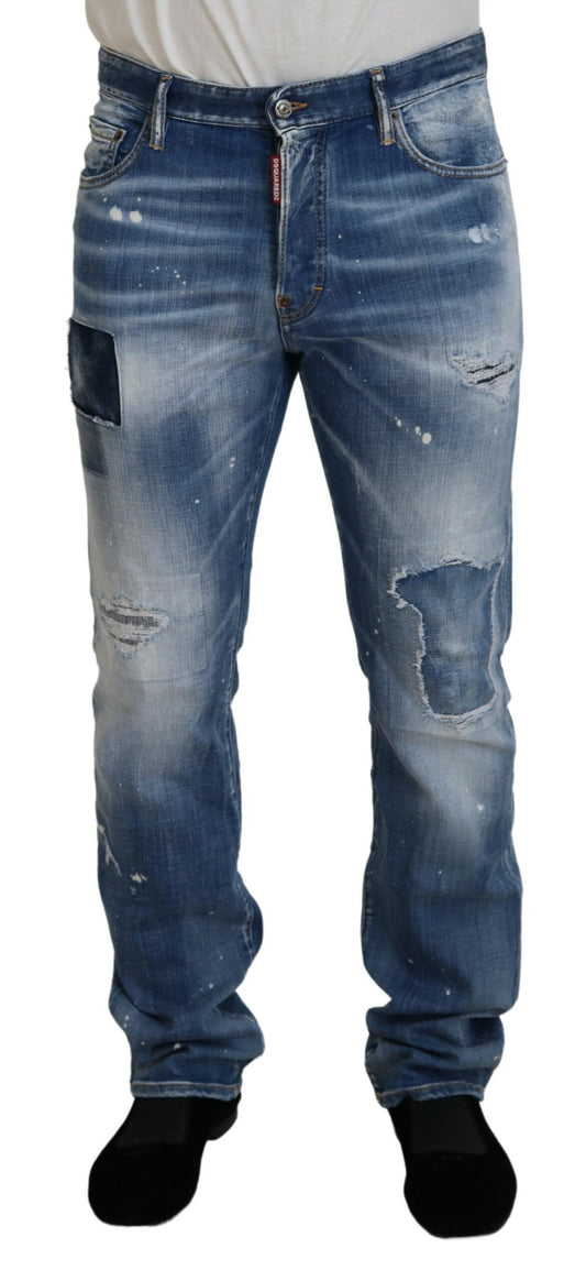 Dsquared² Blå Tvättade Trasiga Raka Jeans Med Avslappnad Passform