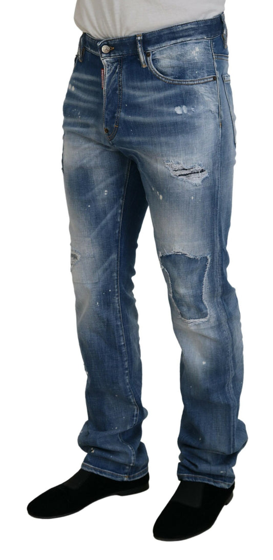 Dsquared² Blå Tvättade Trasiga Raka Jeans Med Avslappnad Passform