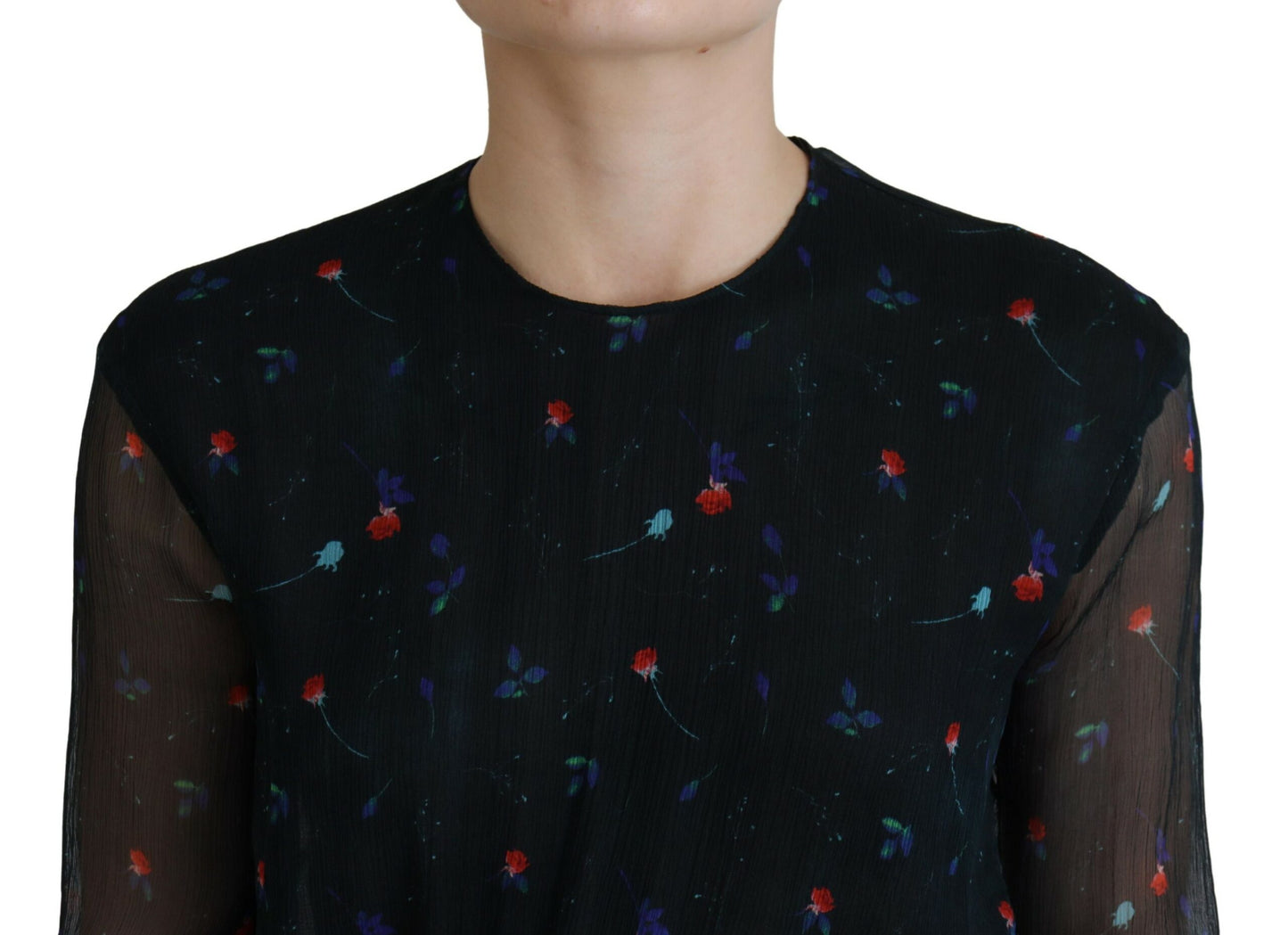 Dsquared² Svart Blommig Sidenklänning med Långa Ärmar och Slidmönster
