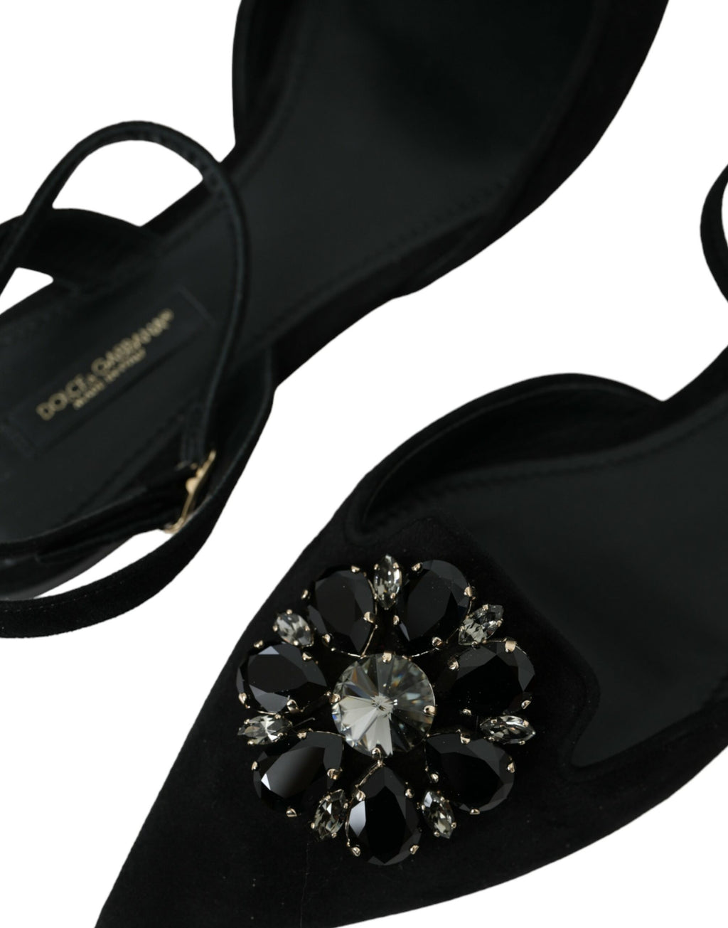 Svarte skinnsandaler med krystaller og slingback-sko