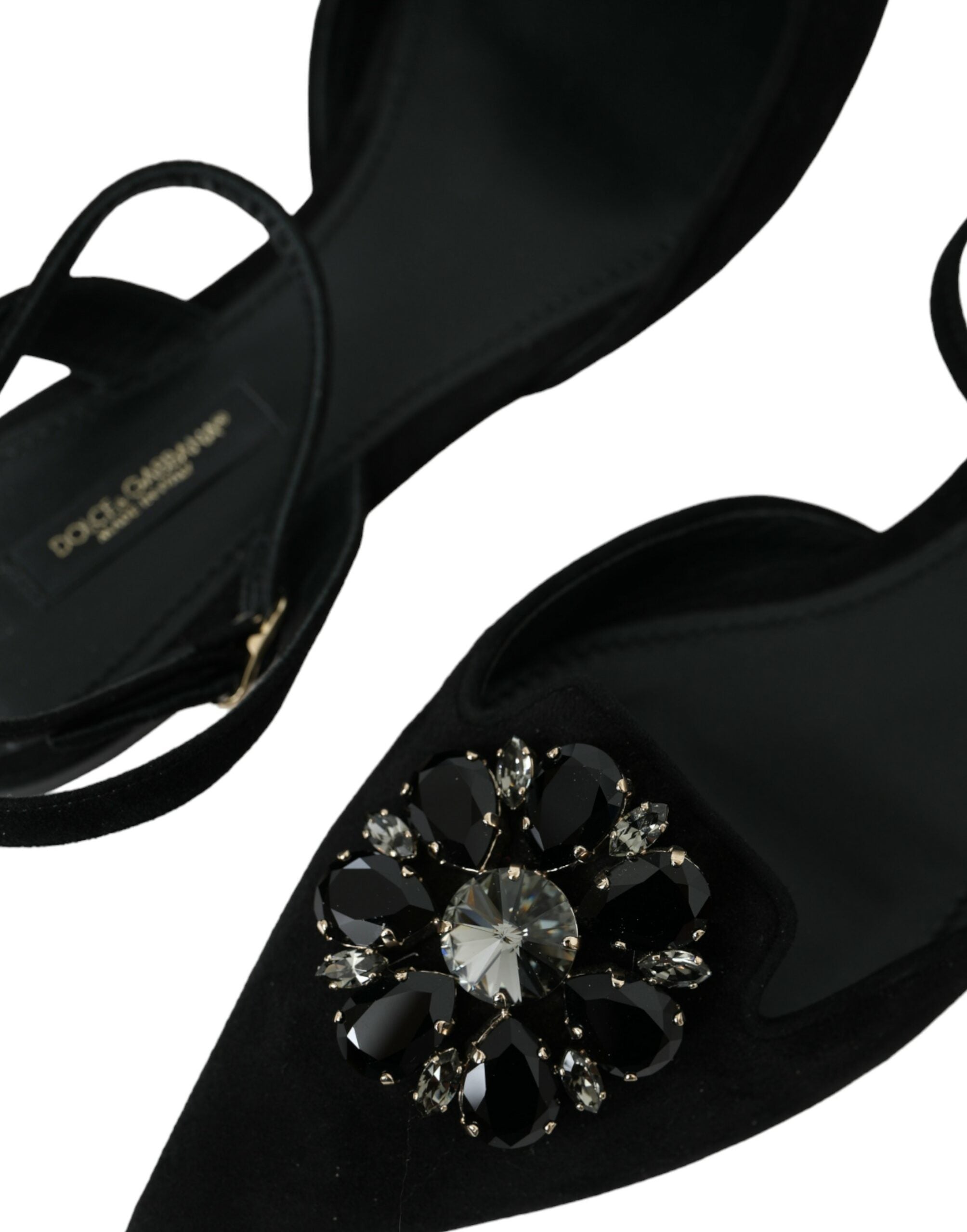 Svarte skinnsandaler med krystaller og slingback-sko