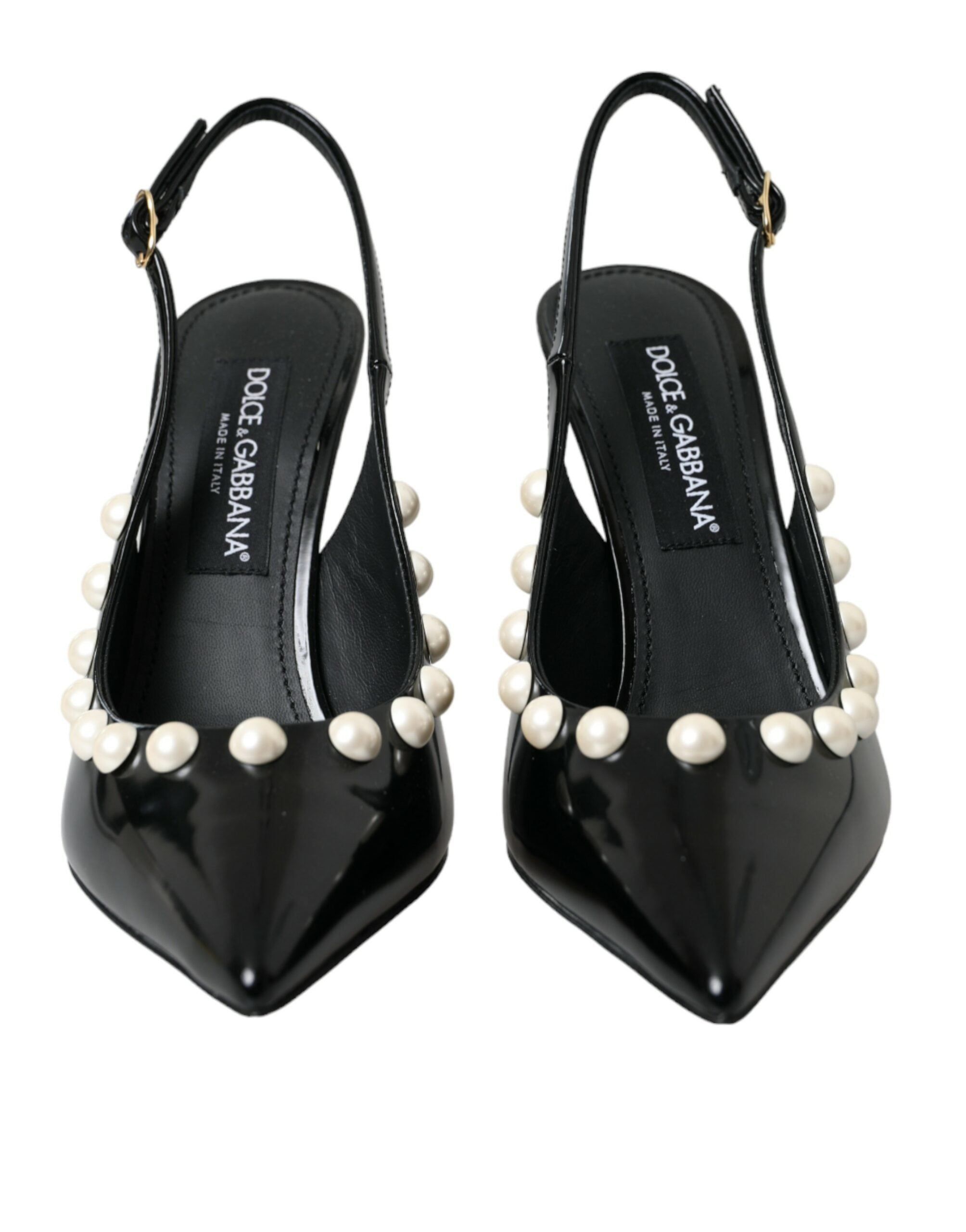 Svarte slingback-sko i skinn med imitert perlehæl