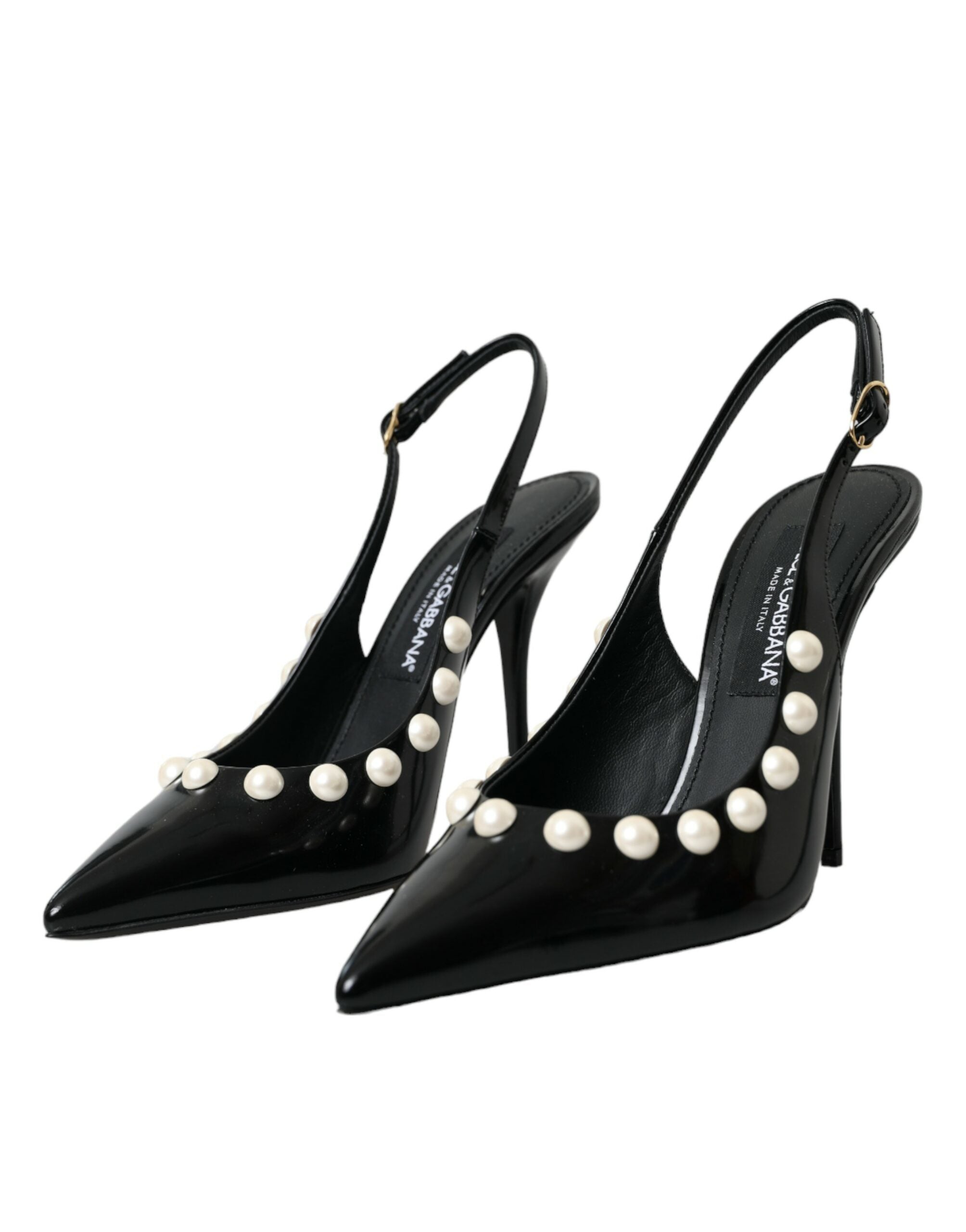 Svarte slingback-sko i skinn med imitert perlehæl