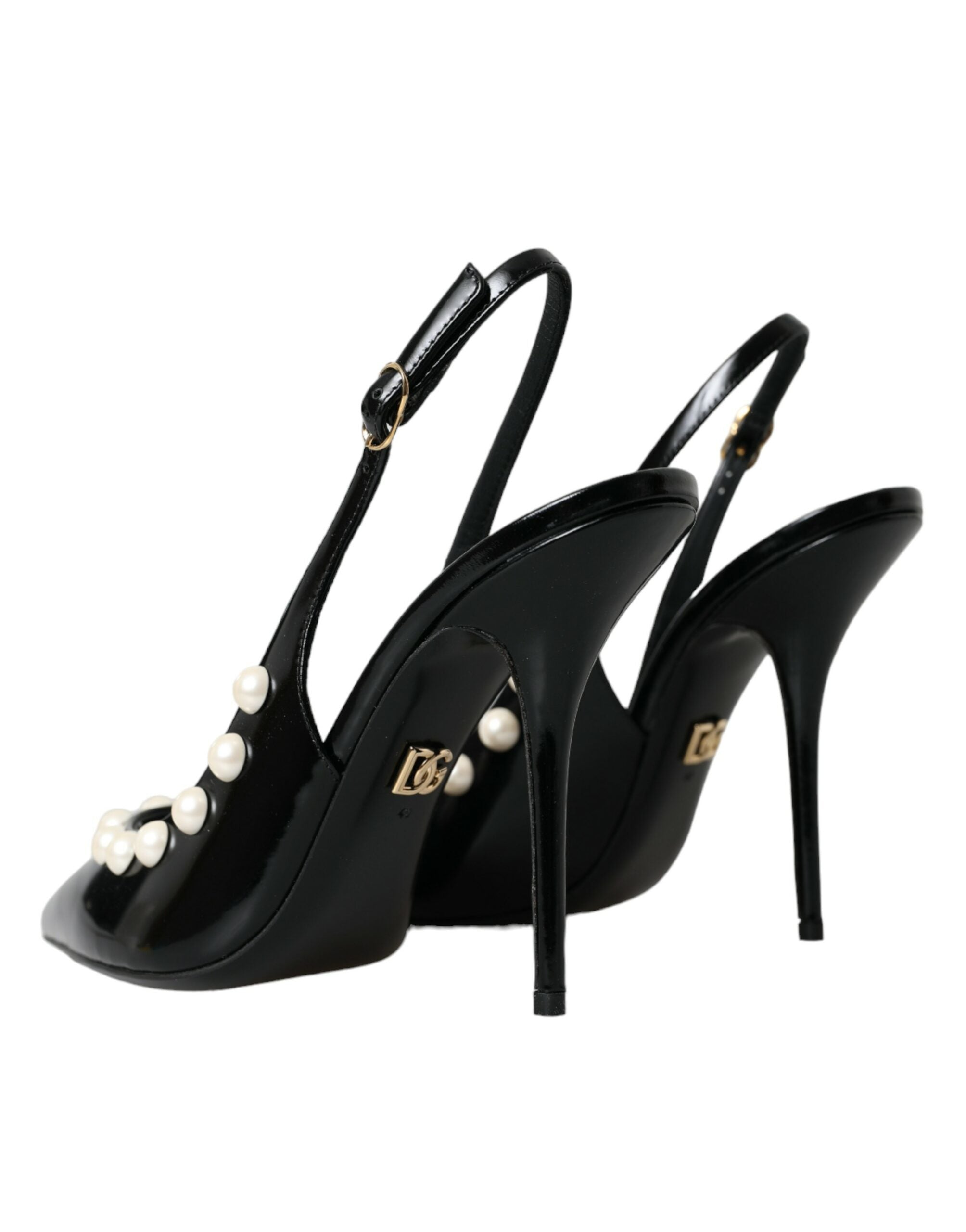 Svarte slingback-sko i skinn med imitert perlehæl