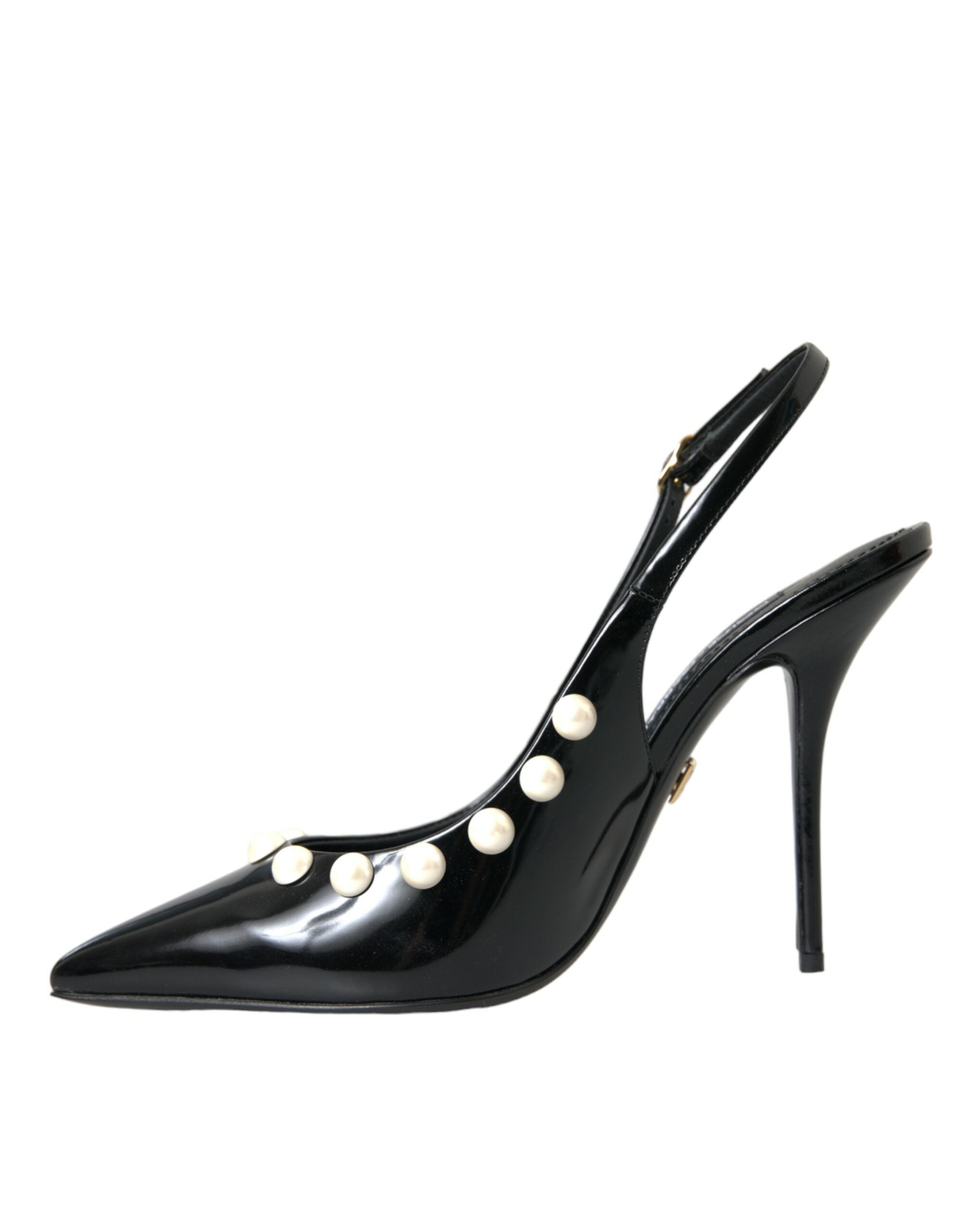 Svarte slingback-sko i skinn med imitert perlehæl