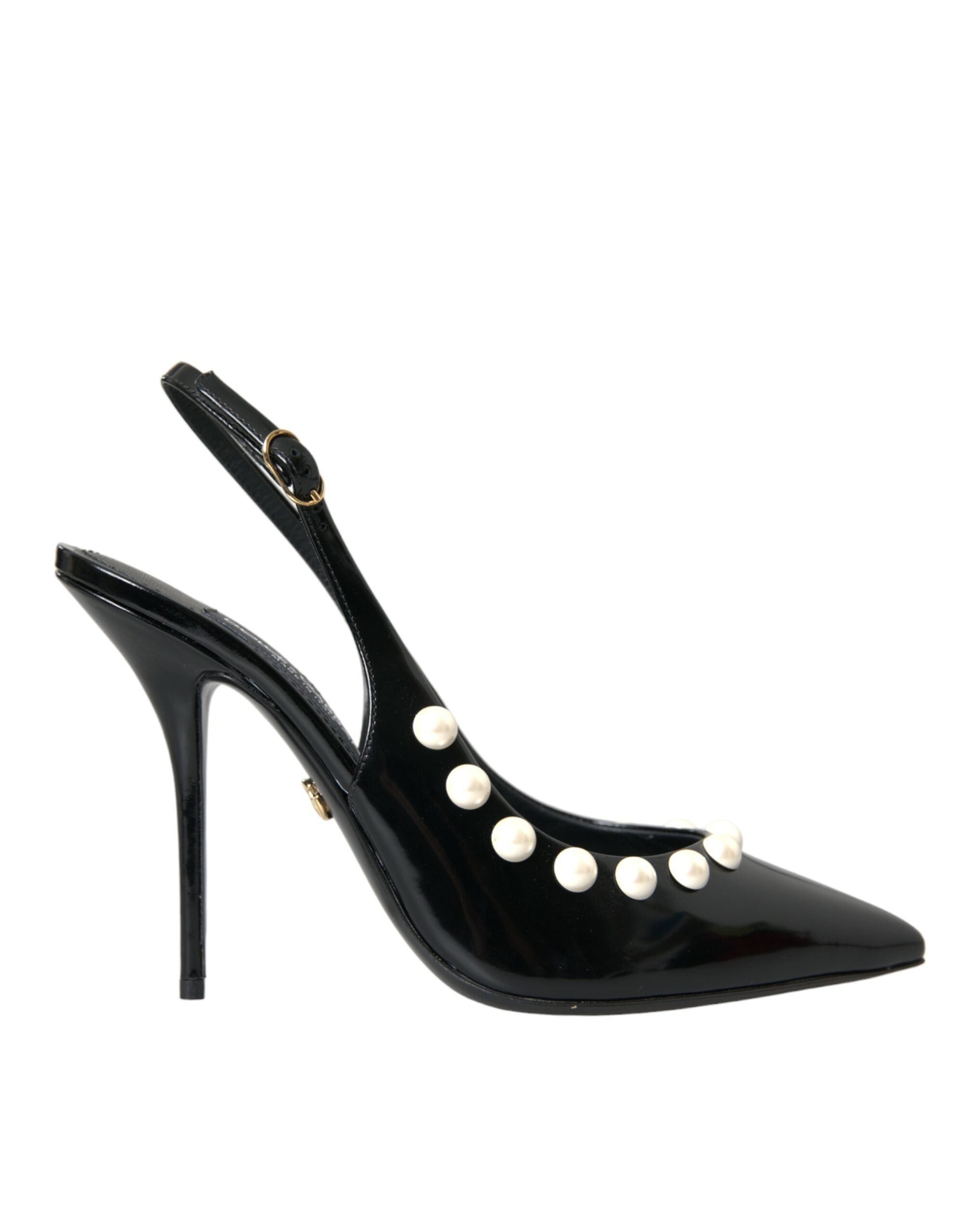 Svarte slingback-sko i skinn med imitert perlehæl