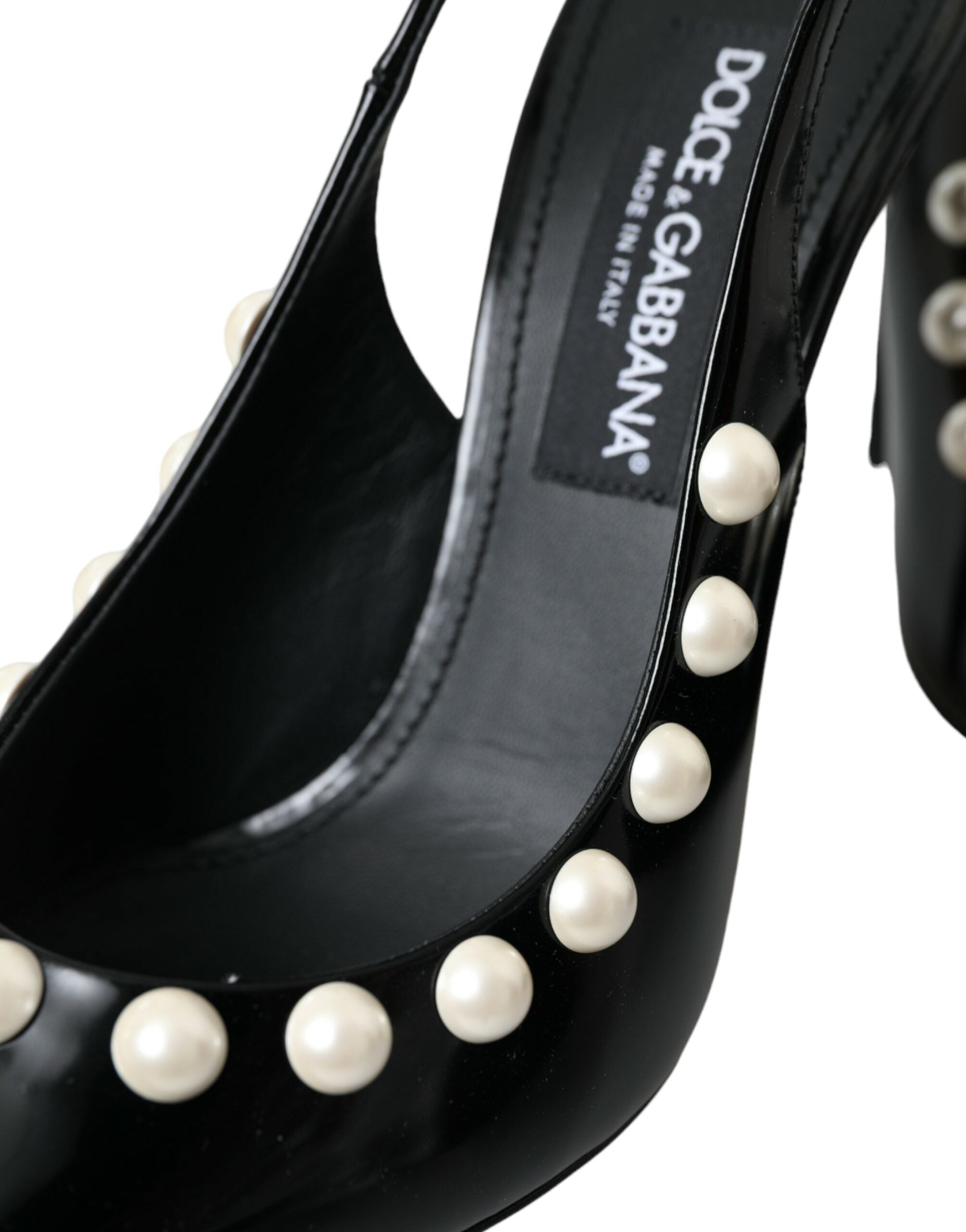 Svarte slingback-sko i skinn med imitert perlehæl