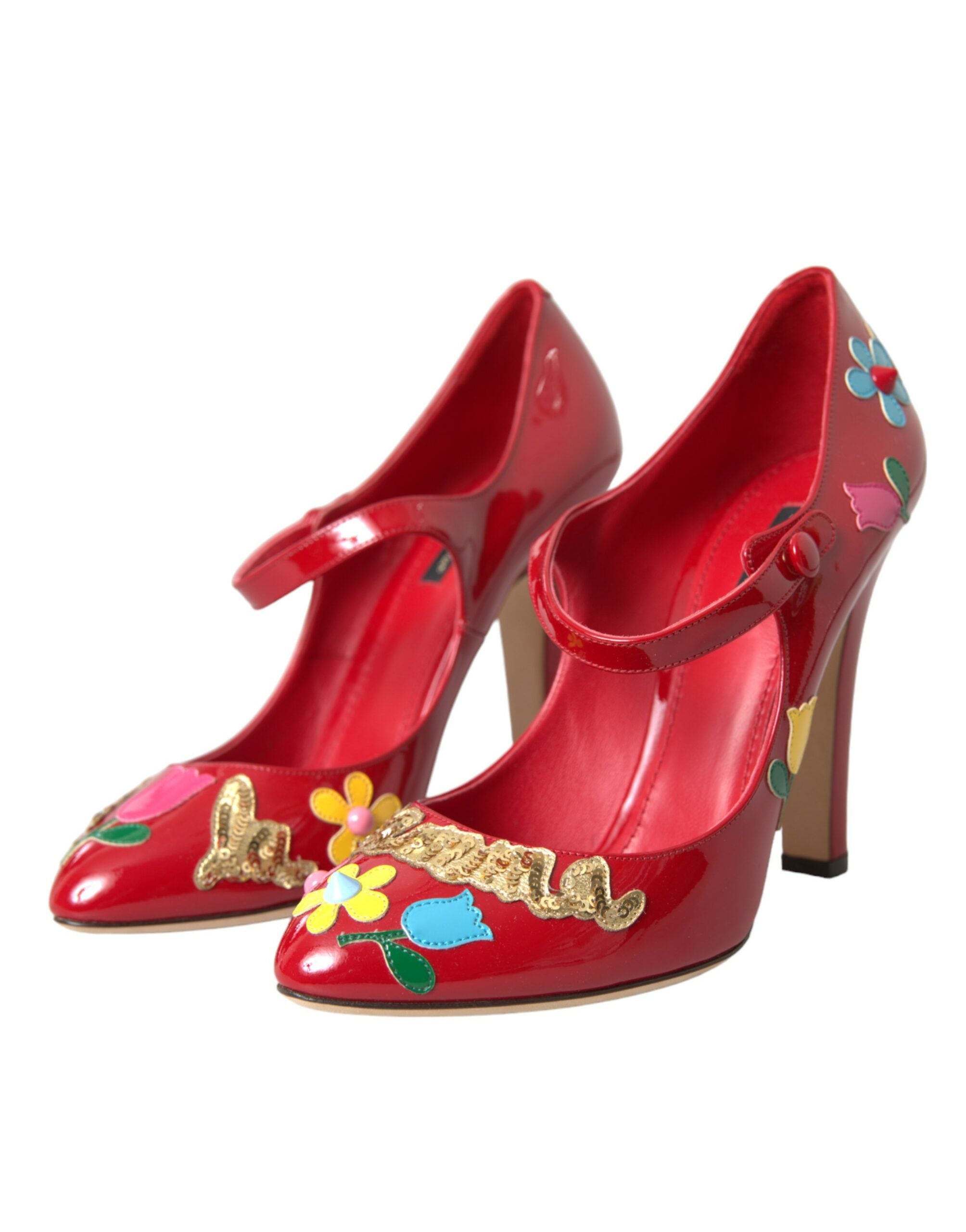 Röda Läderpryddade Mary Jane Pumps Klackskor