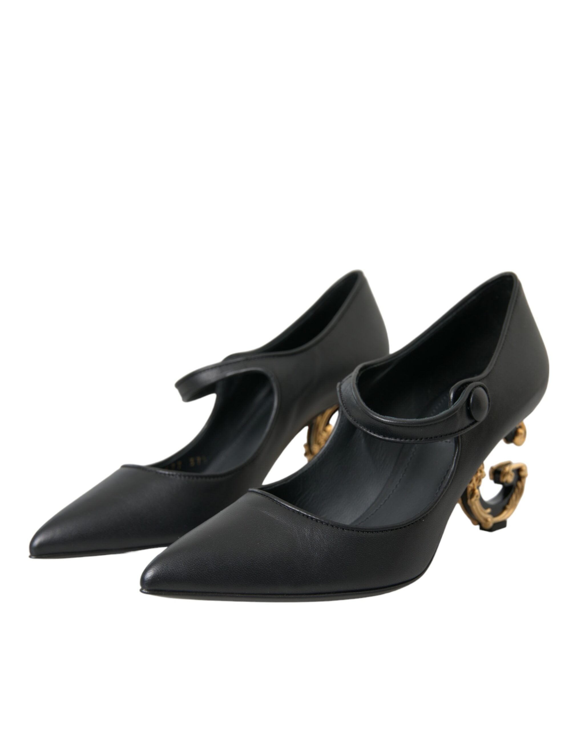 Svarta Läderklackade Mary Janes Pumps Skor med Logotyp