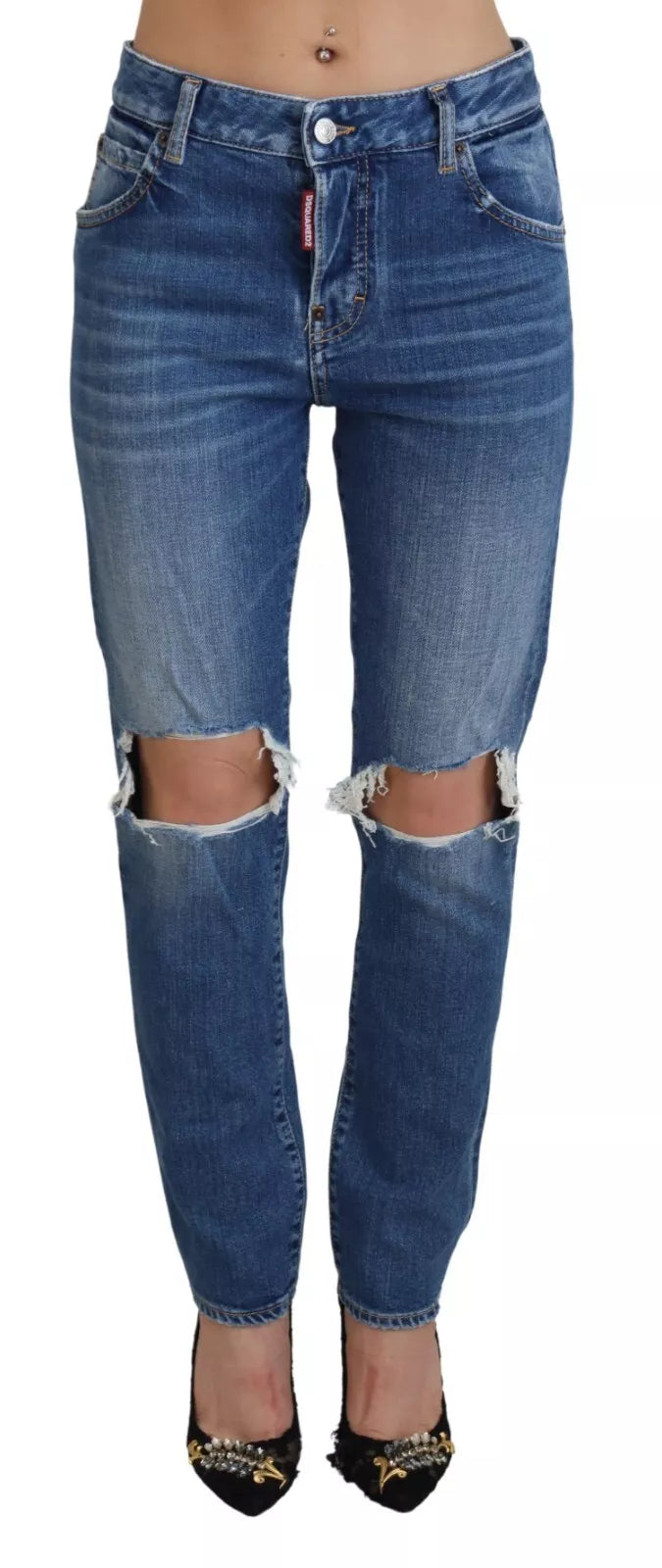 Cool Girl Blå Slitna Jeans Med Mellanhög Midja