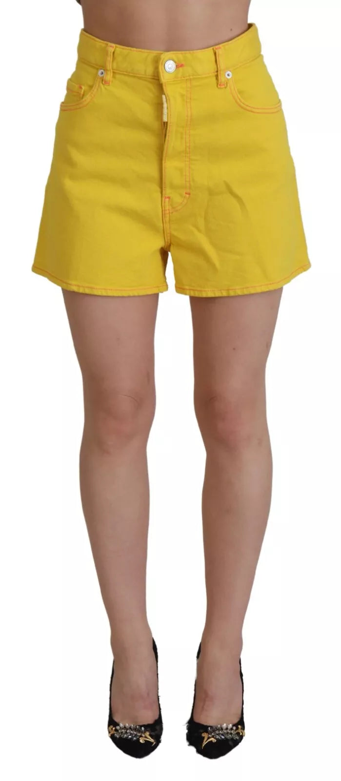 Gule bomullsshorts med høy midje og baggy-stoff til dame
