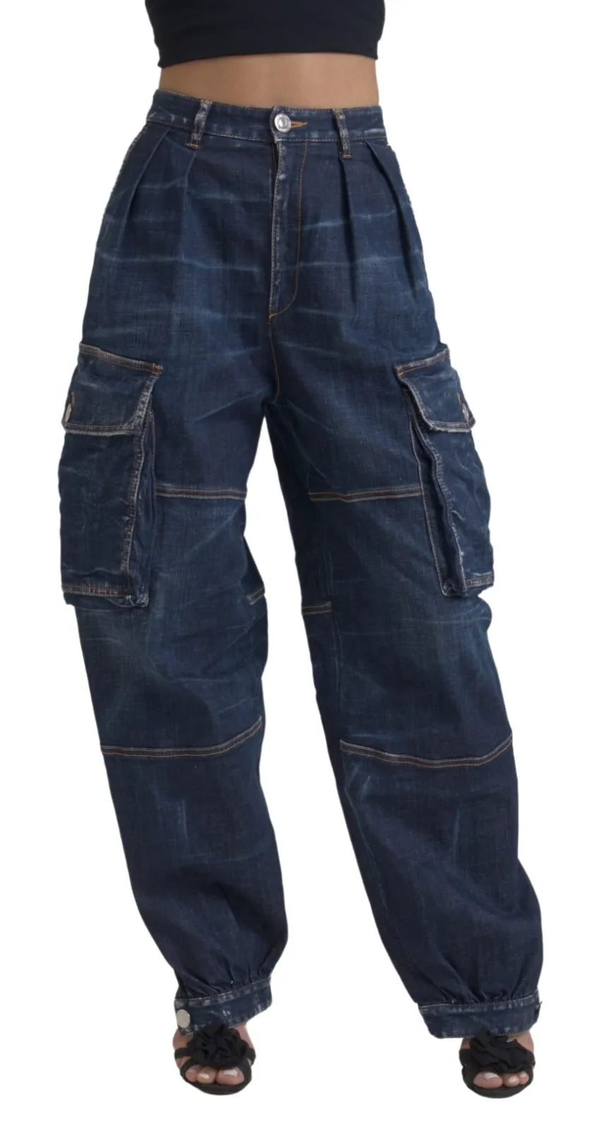 Blåa högmidjade bomullscargo-jeans med baggy-mönster