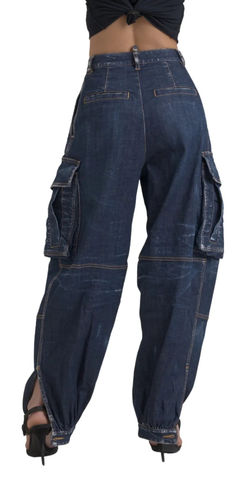 Blåa högmidjade bomullscargo-jeans med baggy-mönster