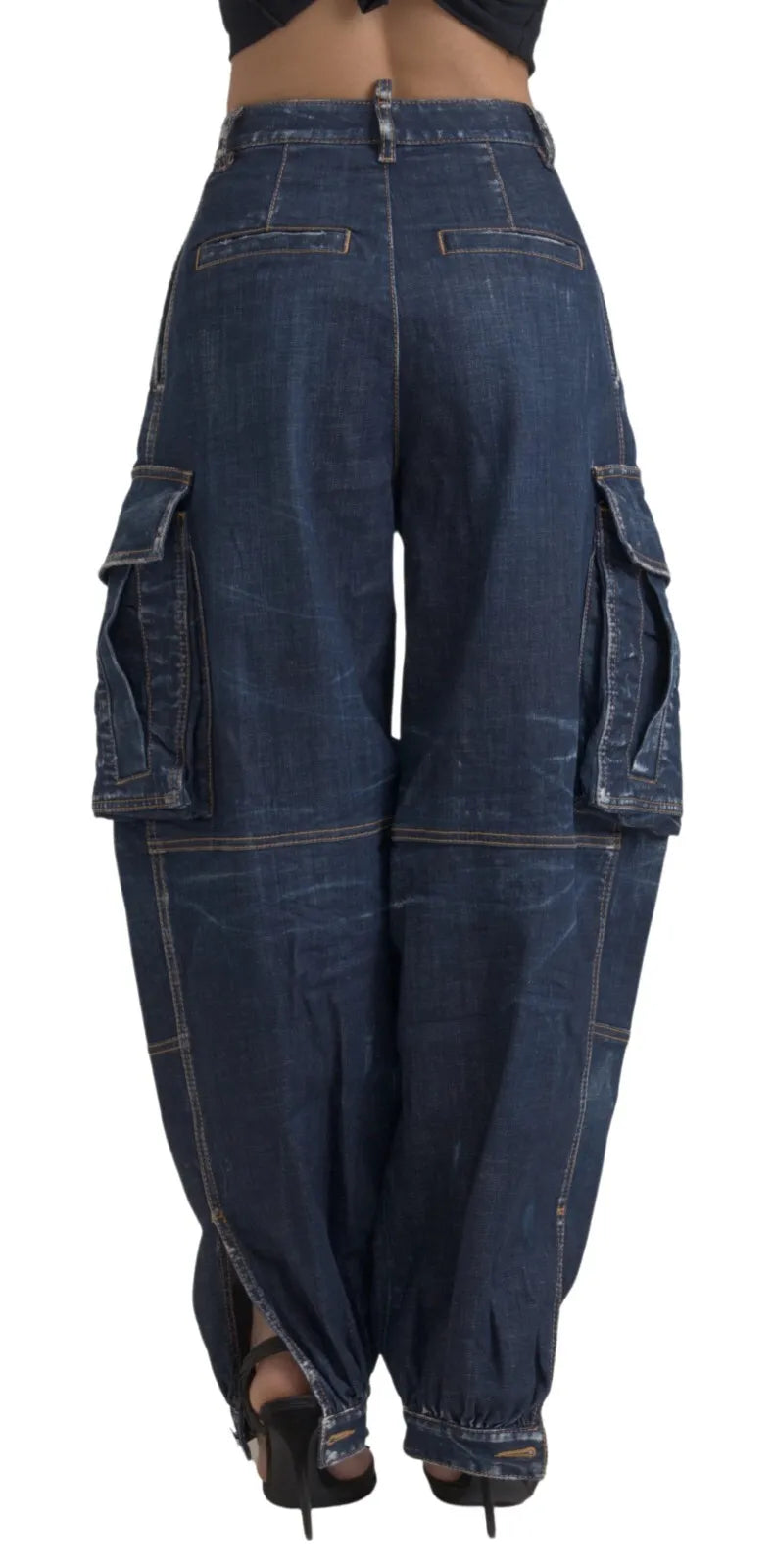 Blåa högmidjade bomullscargo-jeans med baggy-mönster