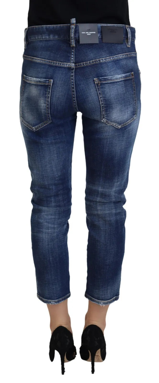 Blå bomullsjeans med medelhög midja, korta denimjeans, cool tjej