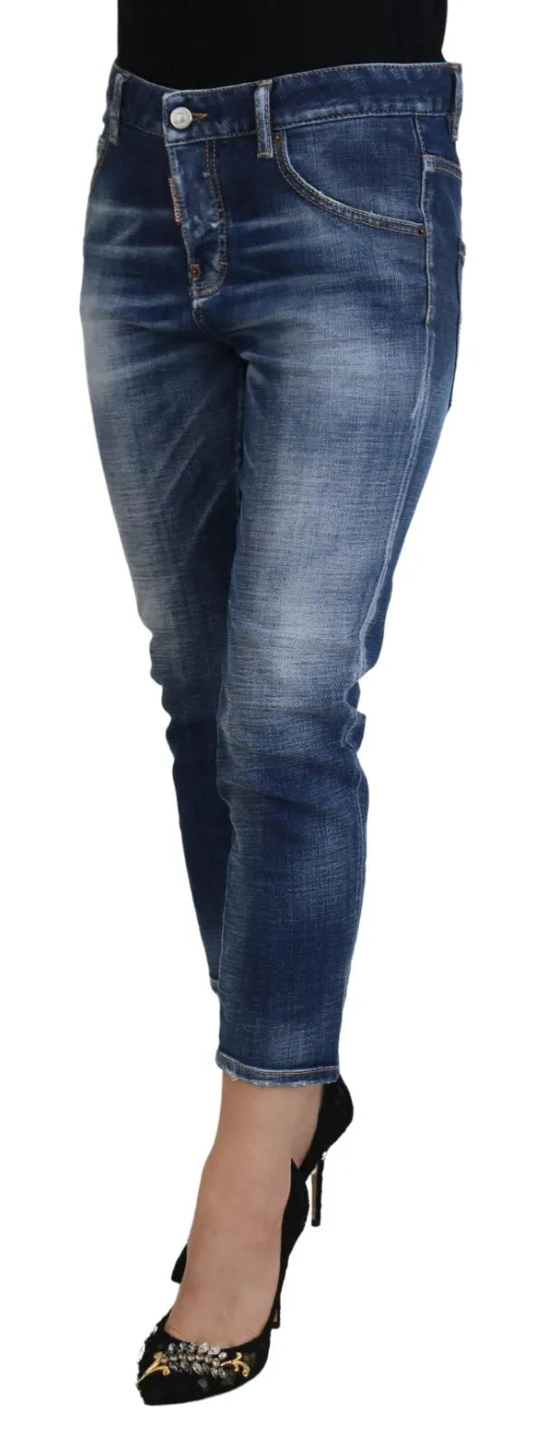Blå bomullsjeans med medelhög midja, korta denimjeans, cool tjej