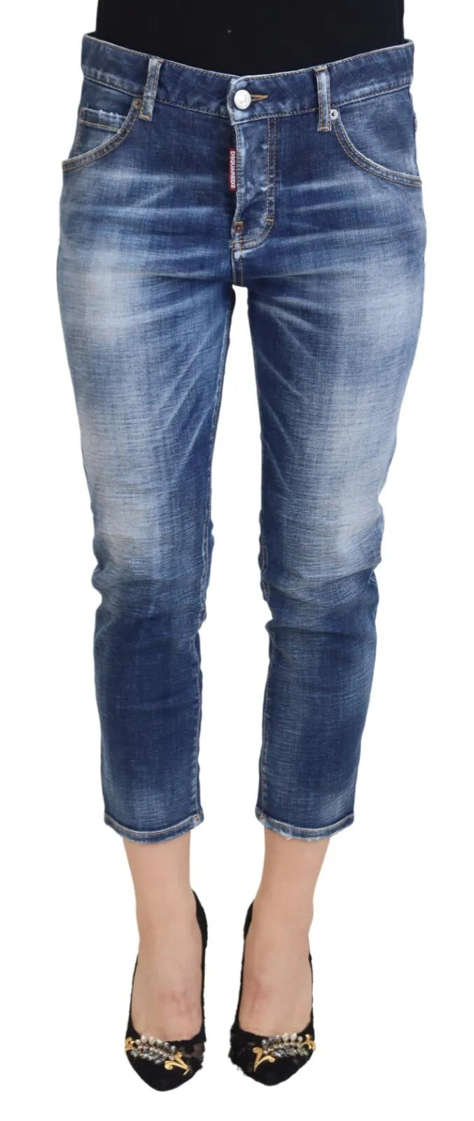 Blå bomullsjeans med medelhög midja, korta denimjeans, cool tjej
