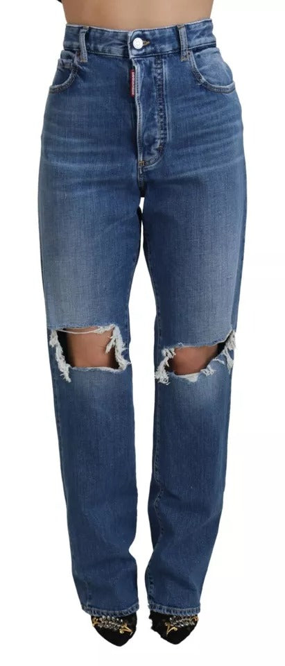 Blå raka jeans med hög midja och slitning